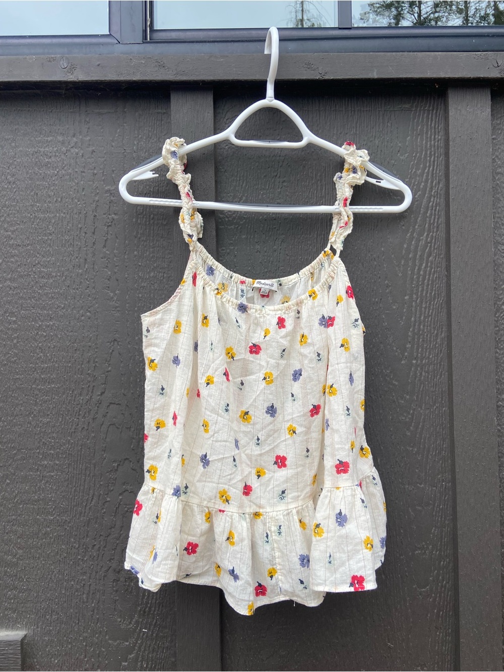 Madewell Cream Floral Ruffle-Strap Tank